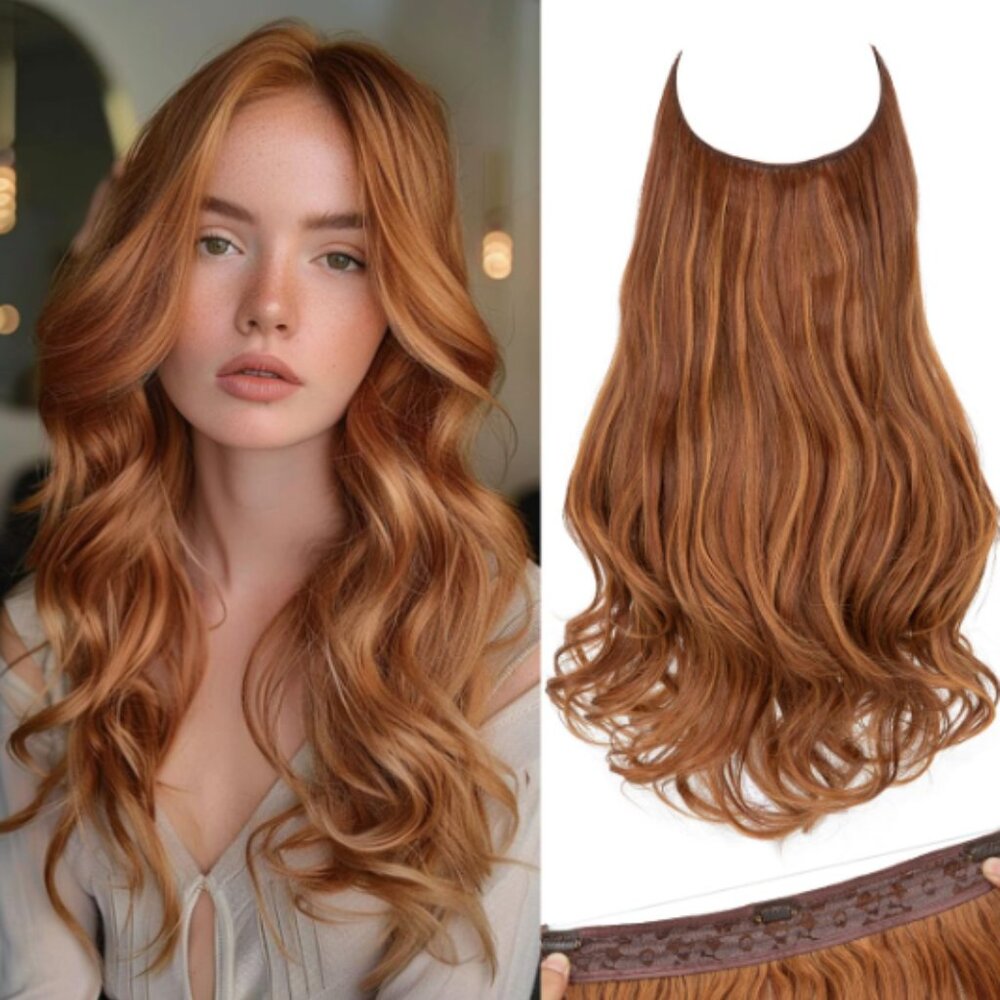 Invisible Wire Hair Extension - 16" Long‎ Curly Red Hairpiece with 3 Clips